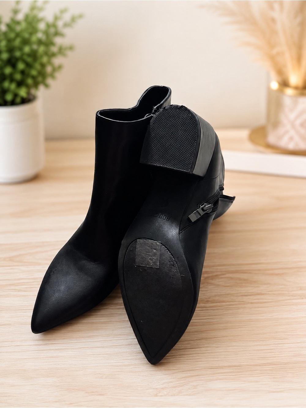 Rouge! Black Pointed Toe Ankle Booties with Low Block Heel